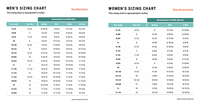 Apex Foot Health's Sizing Chart