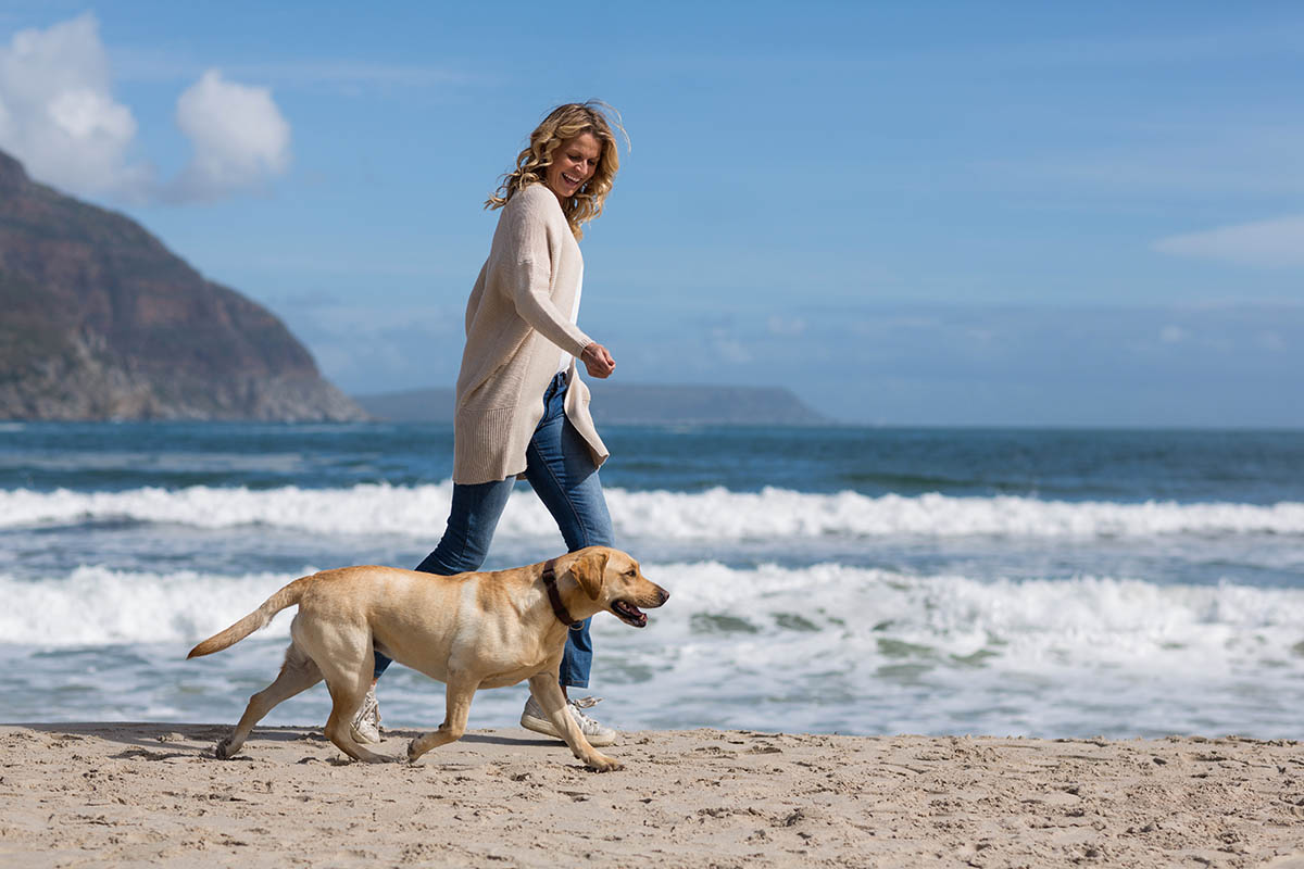 Woman Walking Dog on the Beach by Water