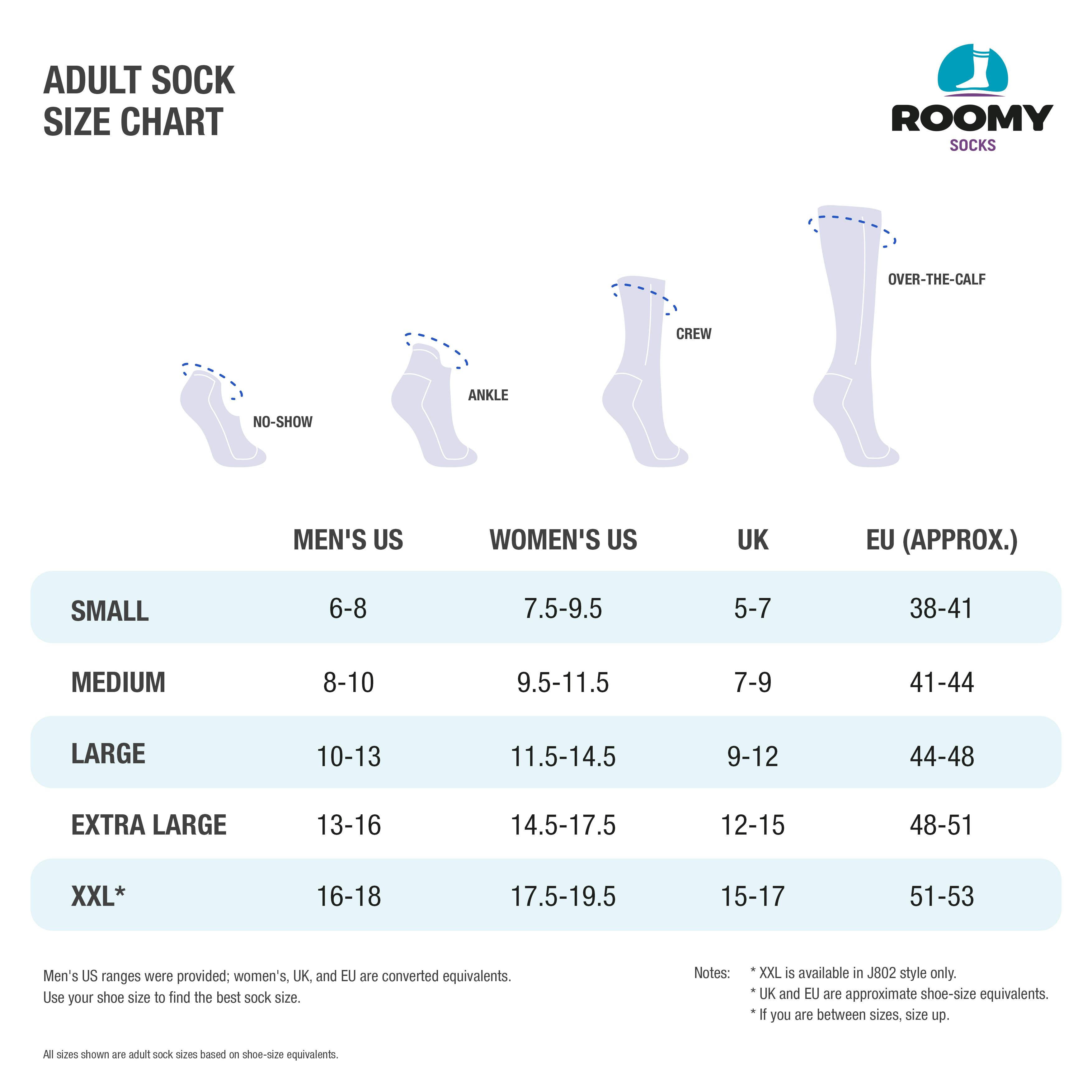 Roomy Socks Size Chart